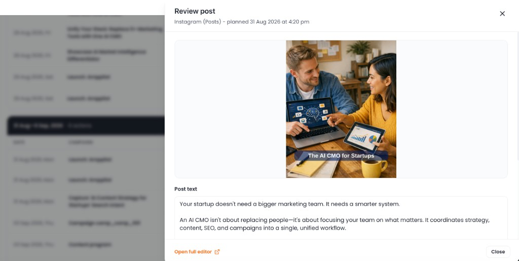 AmpPilot review post modal showing Instagram caption and creative before publish