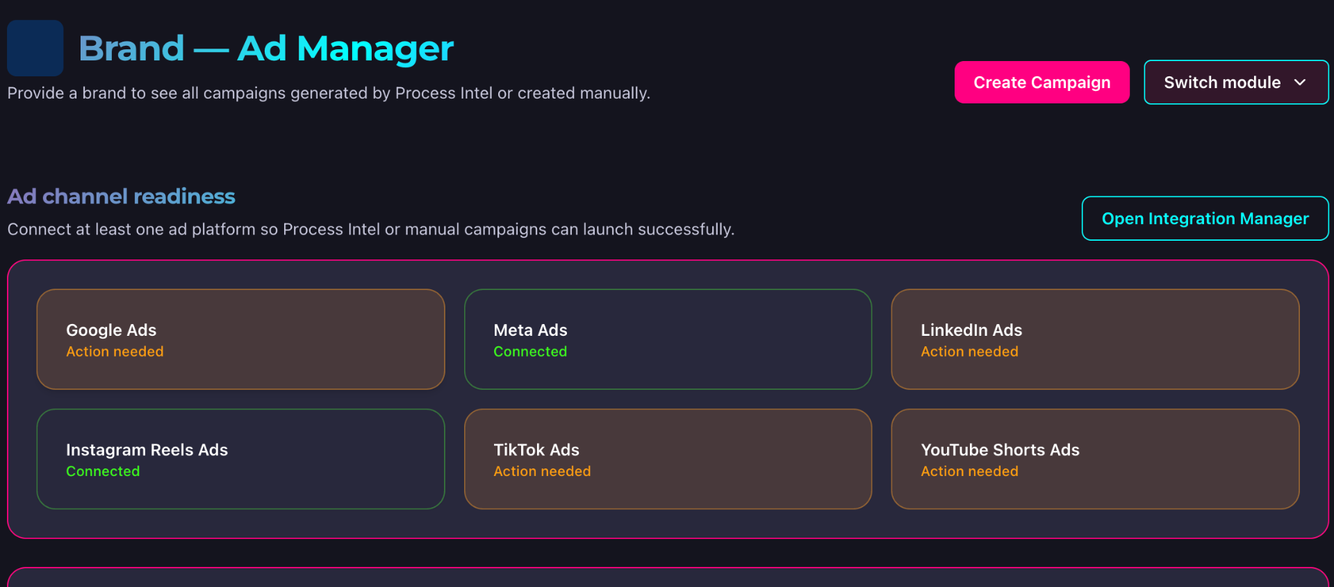 AmpPilot Brand Ad Manager — multi-channel readiness across Instagram, Facebook, blog, LinkedIn, Google Ads, Meta Ads, and more