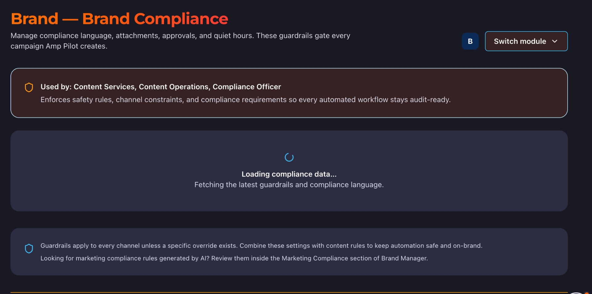 AmpPilot Brand Compliance module — managing compliance language, approvals, and guardrails