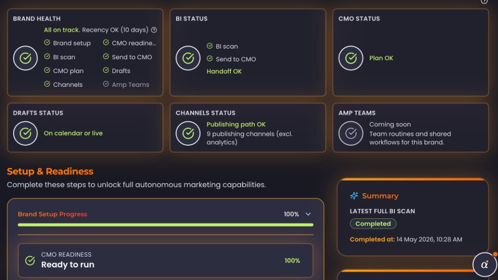 AmpPilot brand health and setup readiness — brand setup, CMO readiness, and publishing channels